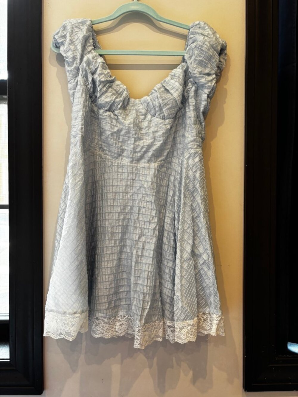 Forever 21 Blue Seersucker Lace Trim Mini Dress, Size XL